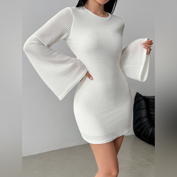 Backless Waffle Knit Flare Sleeve Mini Dress - Picture 6 of 11